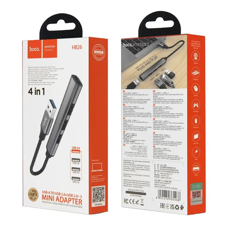 HUB HB26 на 4 USB HOCO серый