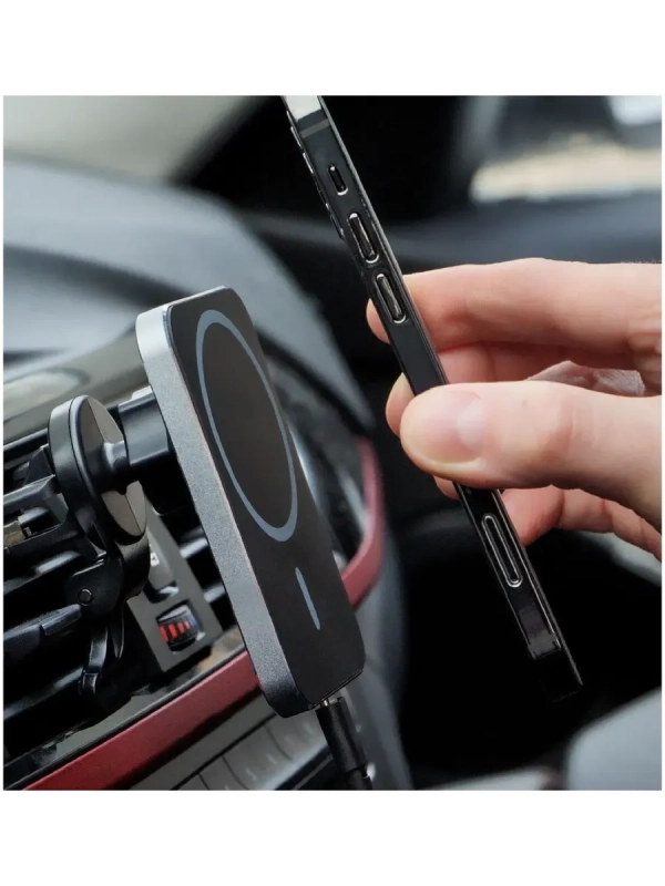 Беспроводная зарядка 15W + Автомобильный держатель магнитный черный