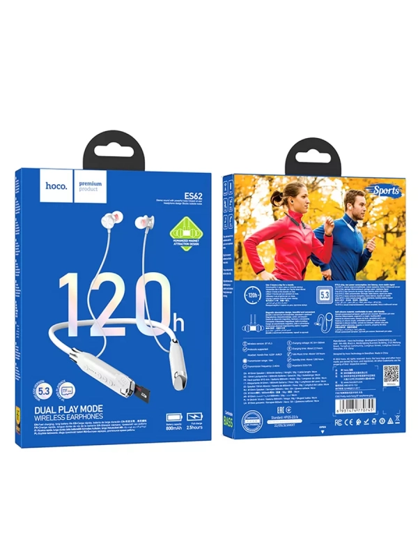 Наушники ES62 Bluetooth Sport Earphone HOCO светло-серые (с поддержкой карты Micro SD)