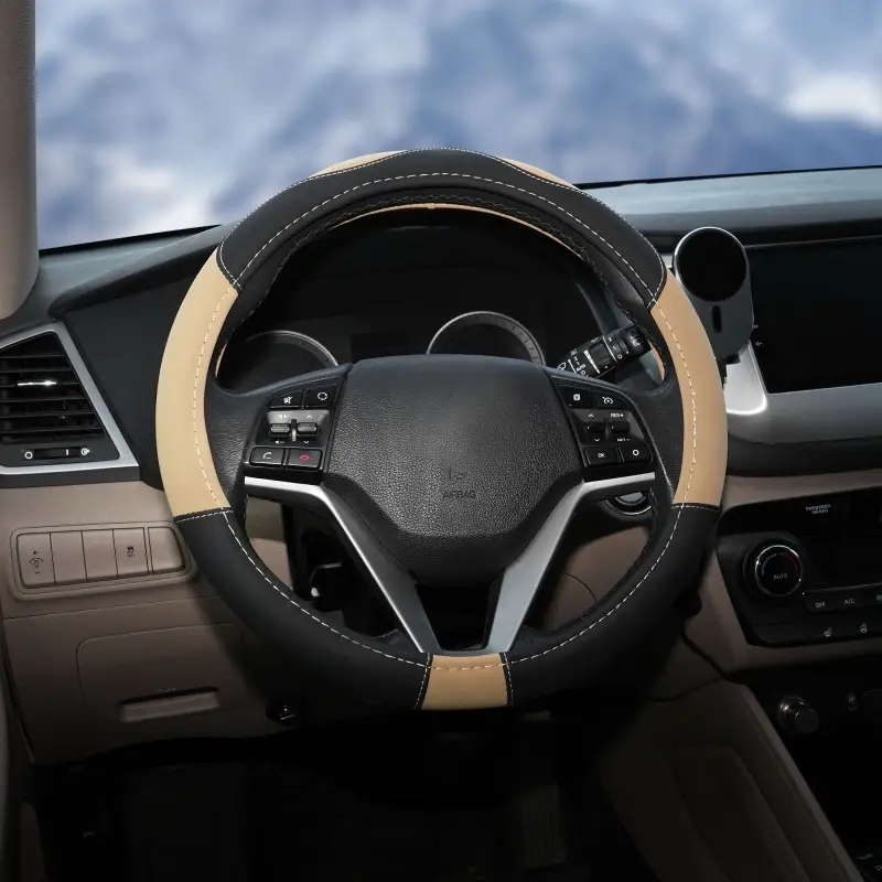 Оплетка на руль, искусственная замша/кожа, песочная/черная, 38 см