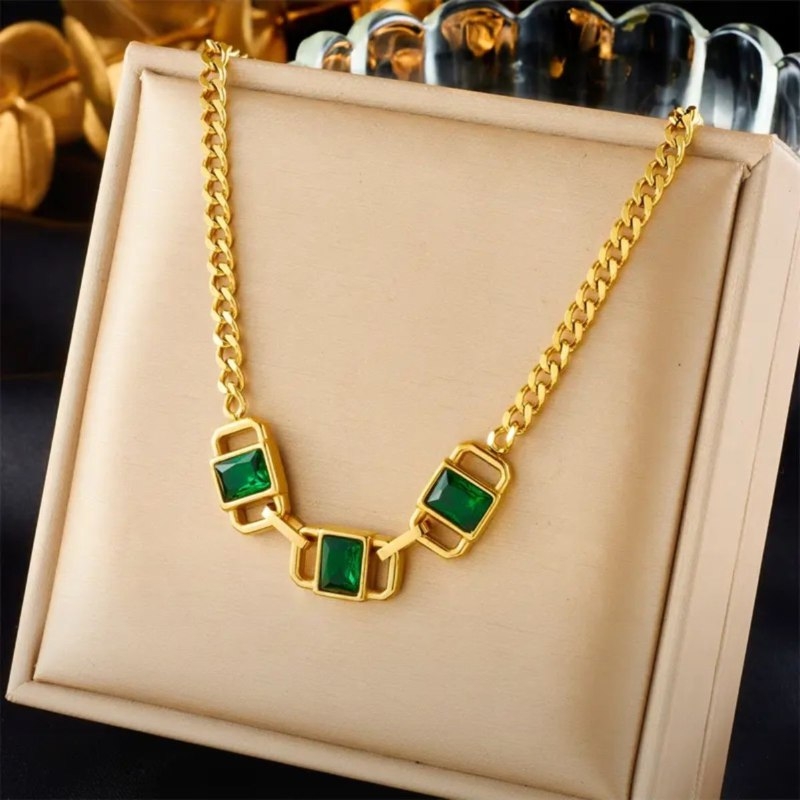 Цепочка для женщин из нержавеющей стали, зеленый циркон