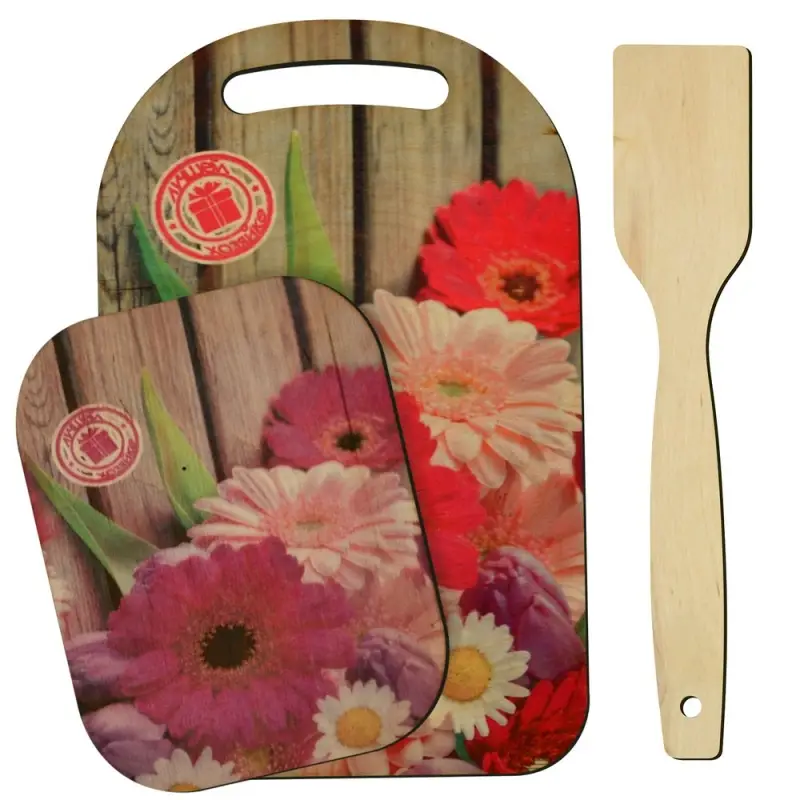Доска разделочная с подставкой и лопаткой Красочная весна 3 предмета
