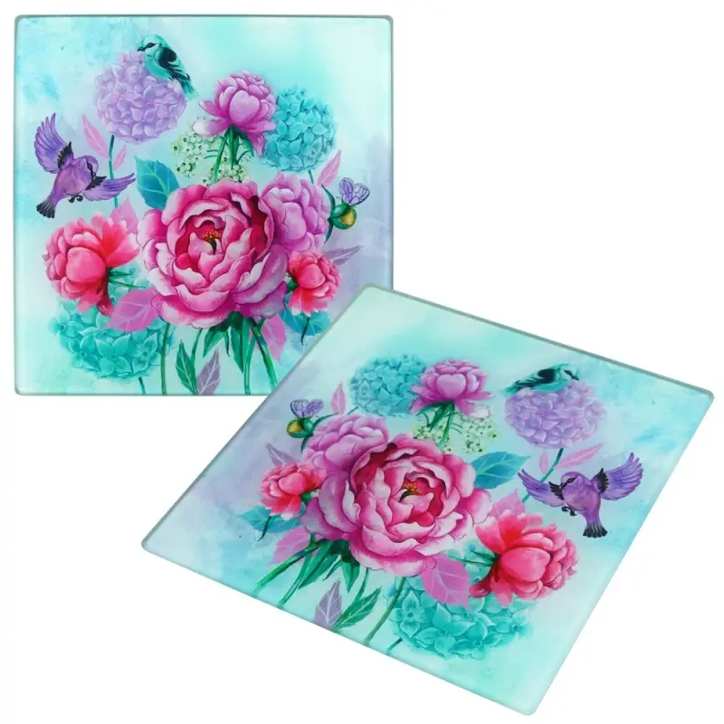 Доска разделочная Пионы и птички 18х18 см