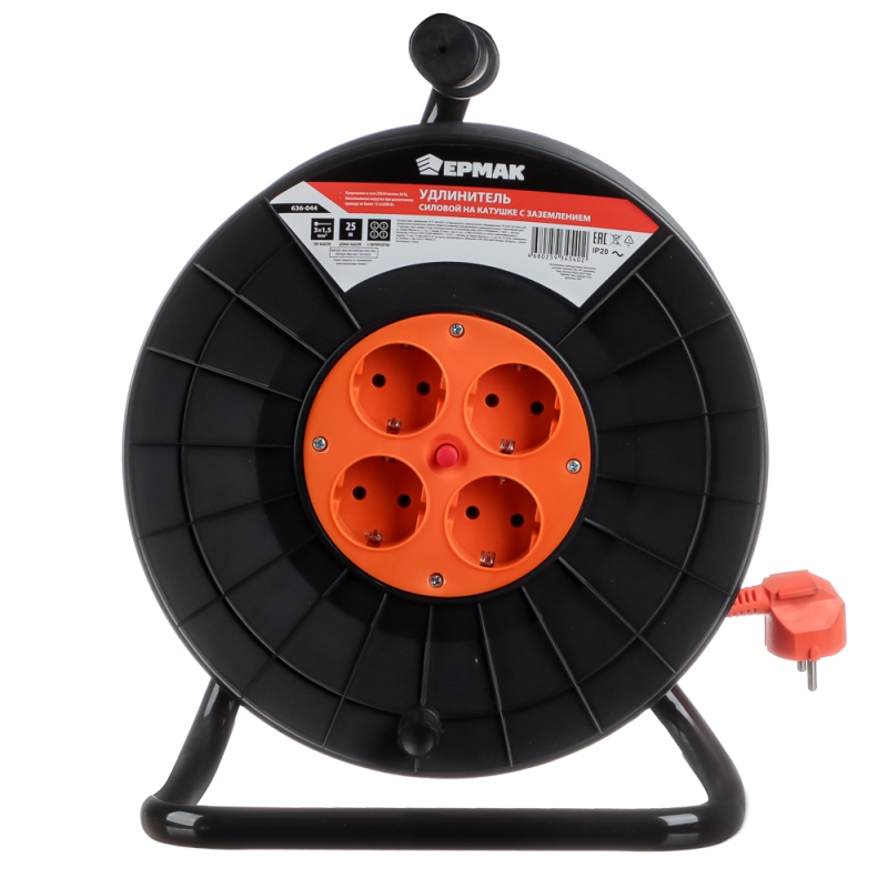 ЕРМАК Удлинитель силовой на катушке с зазем, 4 гнезда, евро, 3х1,5 мм2, 25м (маск.нагр. 16А,3,5кВт)