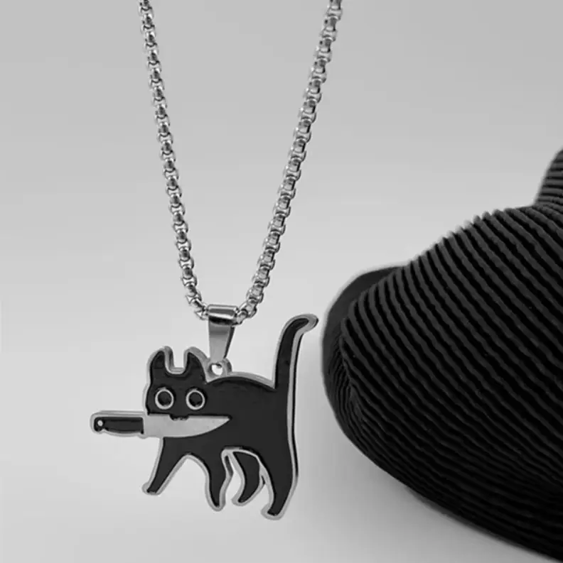 Подвеска Кот с ножом черный серебристая