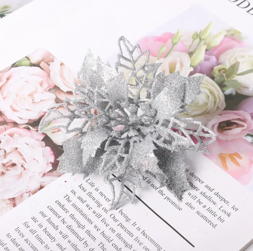 Цветок на елку новогодний Пуансеттия серебристые  3 штуки