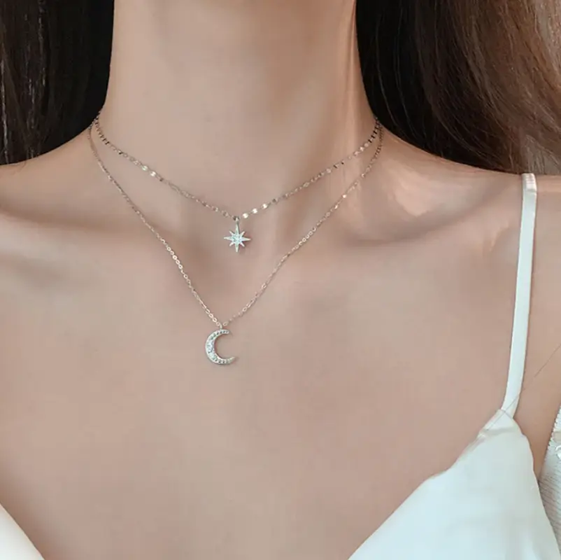 Подвески Звезда и Полумесяц на двух цепочках серебристые