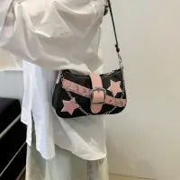 Сумка-багет с розовыми звездами черная