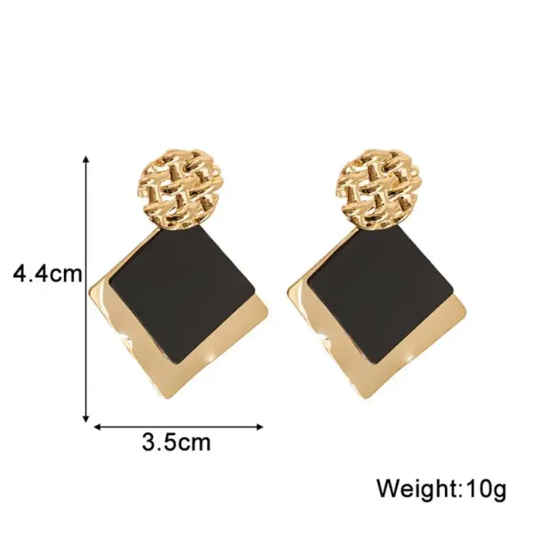 Серьги-пусеты черные ромбы с золотом