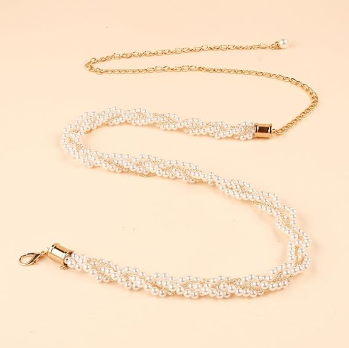 Пояс цепочка с жемчугом на платье