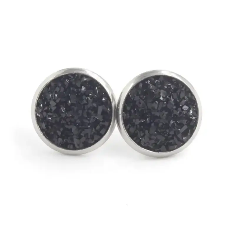 Серьги гвоздики Черные кристаллы серебристые