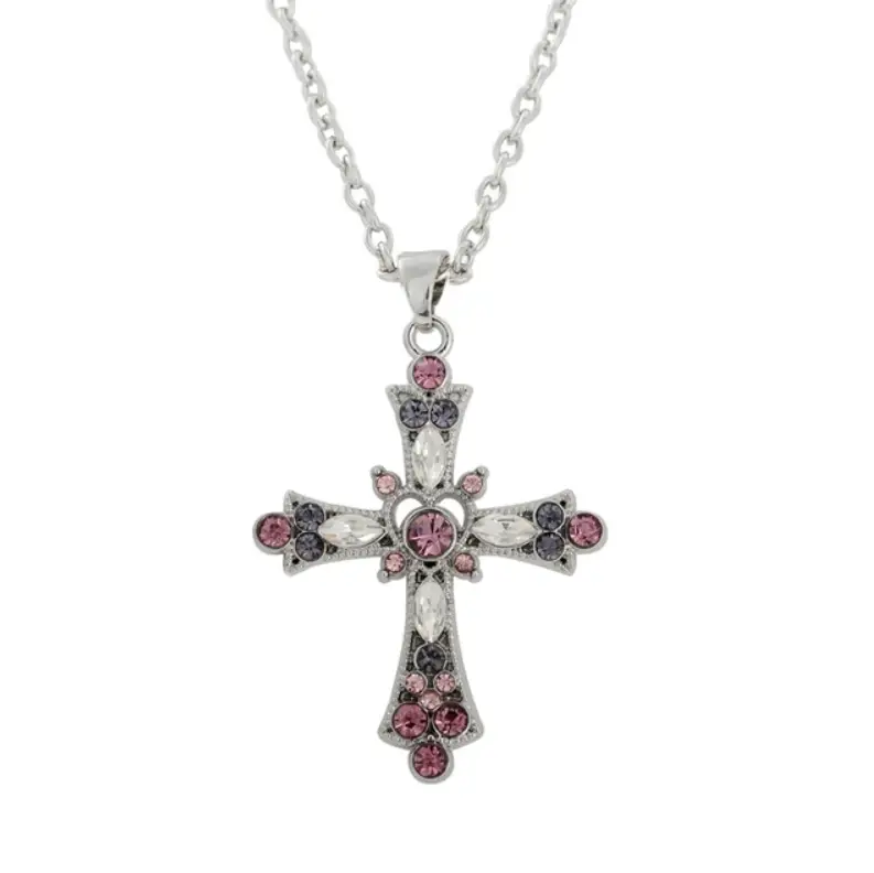 Подвеска на цепочке Крест с камнями серебристая