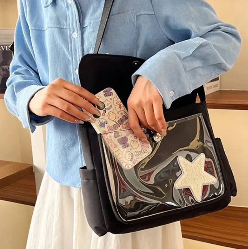 Сумка через плечо с прозрачным карманом черная