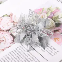 Цветок на елку новогодний Пуансеттия серебристые  3 штуки