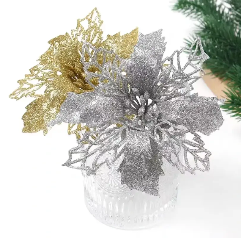 Цветок на елку новогодний Пуансеттия серебристые  3 штуки