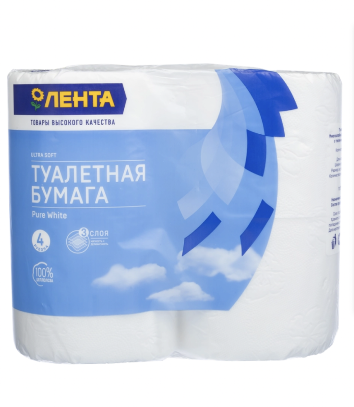 Бумага туалетная ЛЕНТА 3 слоя белая, 4шт