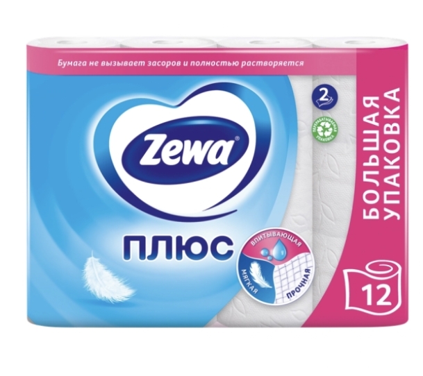 Бумага туалетная ZEWA Плюс 2-слоя белая, 12шт