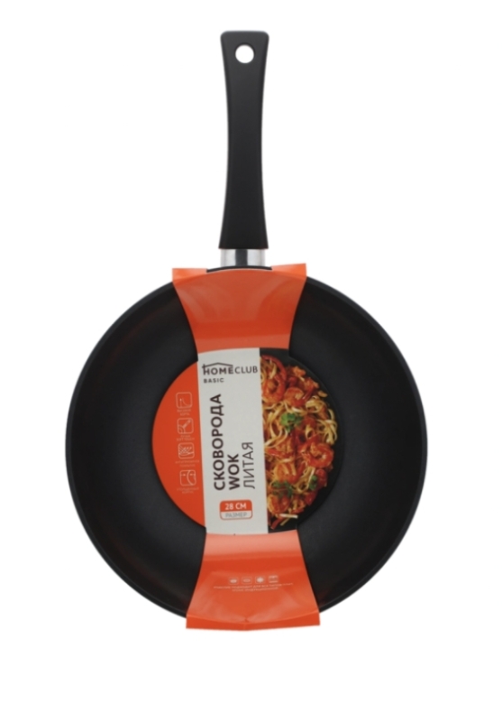 Сковорода Вок HOMECLUB Basic 28см литая, ручка soft-touch