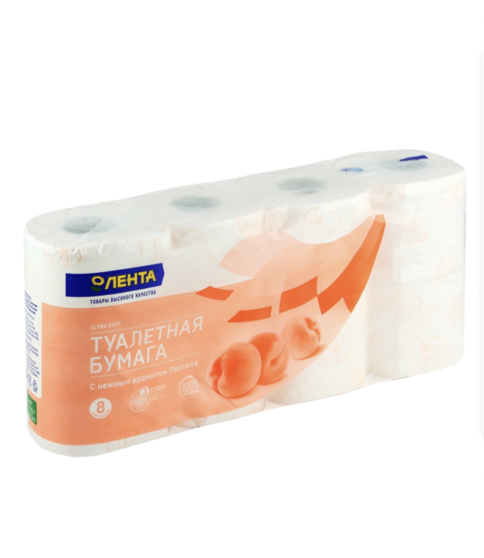 Бумага туалетная ЛЕНТА 3 слоя с ароматом персика, 8шт