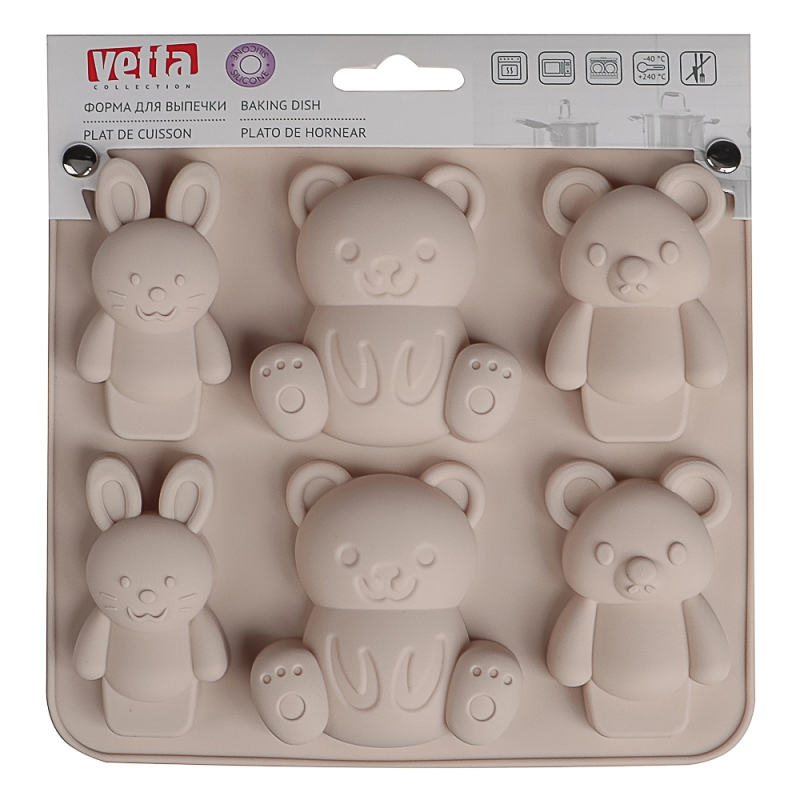 VETTA Форма для выпечки 6 ячеек 16х14х2см, "Мишки и зайчики", силикон, 3 цвета