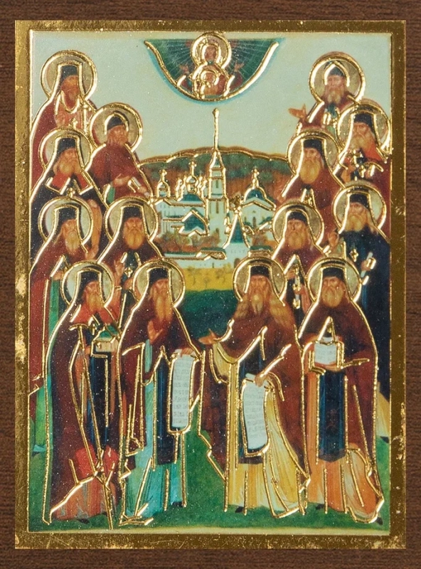 Икона "Собор преподобных Оптинских старцев" 4х6 на МДФ-6