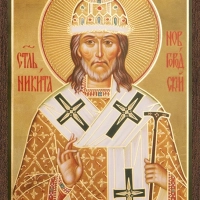 Икона "Никита Святитель (Новгородский)" 6х9 на МДФ-6