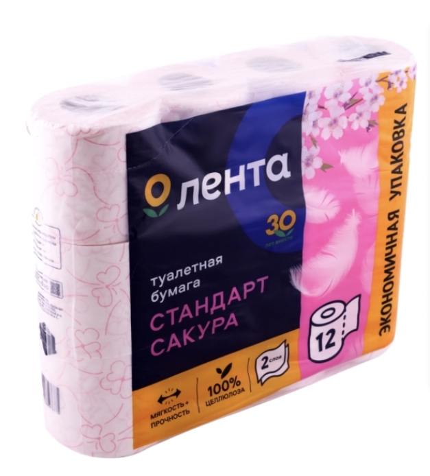Бумага туалетная ЛЕНТА 2 слоя с ароматом сакуры, белая с розовым тиснением, 12шт