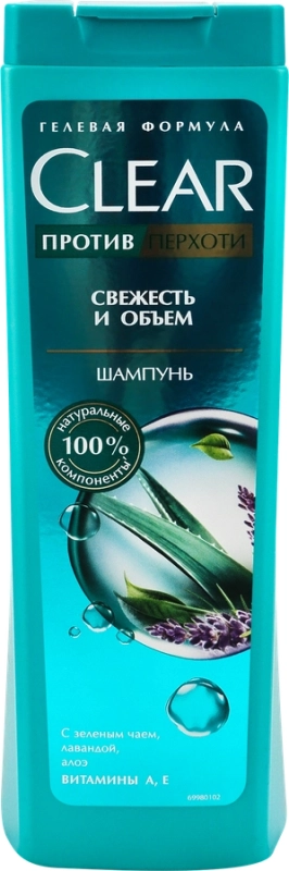 Шампунь против перхоти "CLEAR"   свежесть и объем, с зеленым чаем, лавандой, алоэ, витамины А Е