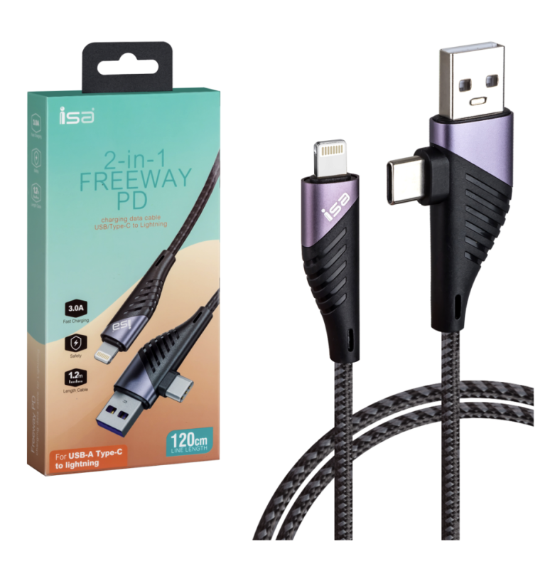 Кабель 2 в 1 USB/Type-C на Lightning 3А