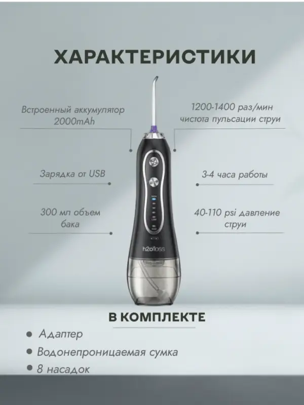 Ирригатор для зубов портативный с насадками H2oFloss Черный