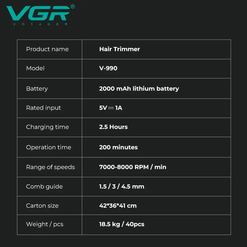 Триммер для стрижки волос VGR V-990 Черный