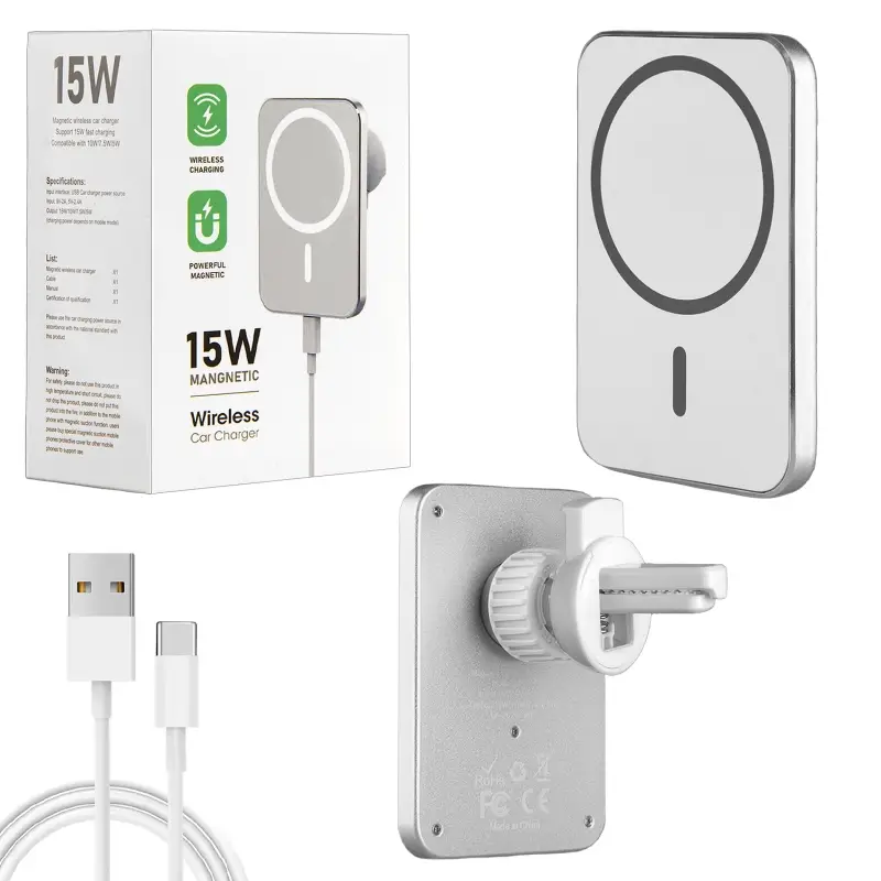 Беспроводная зарядка 15W + Автомобильный держатель магнитный белый