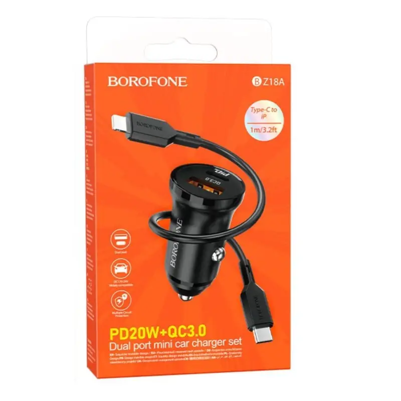 Автомобильное зарядное устройство АЗУ USB + Type-С + кабель Lightning Borofone BZ18A PD20W + QC3.0