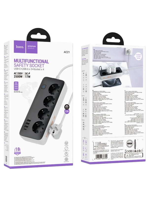 Сетевой фильтр на 4 розеток+3 USB+1 PD, 3м, AC21, HOCO