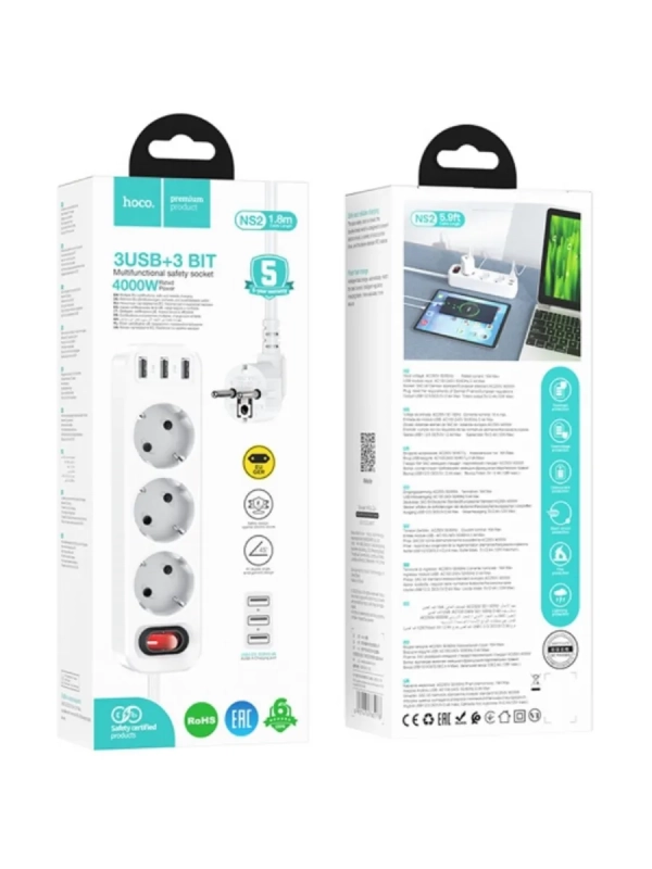 Сетевой фильтр Hoco NS2 White 3 гнезда плюс 3USB