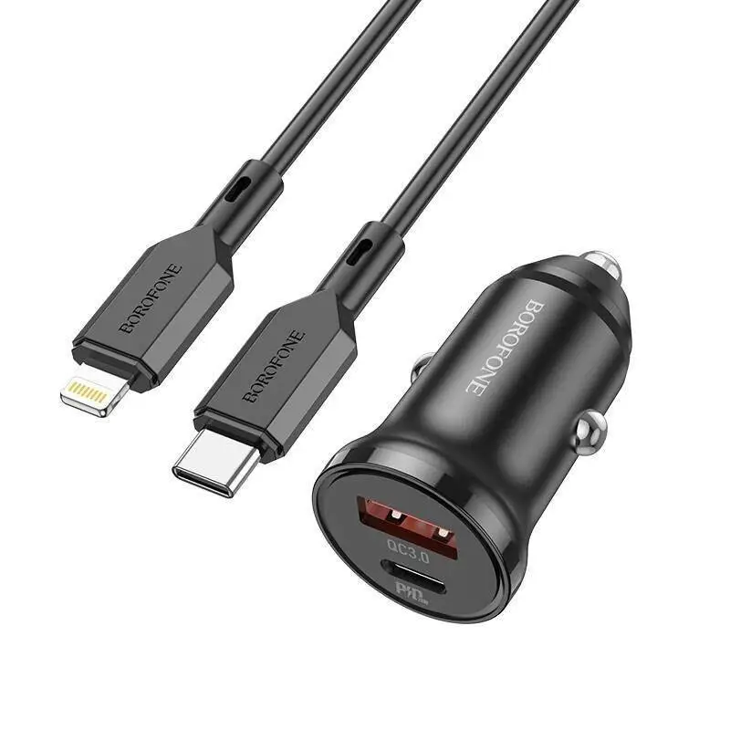 Автомобильное зарядное устройство АЗУ USB + Type-С + кабель Lightning Borofone BZ18A PD20W + QC3.0