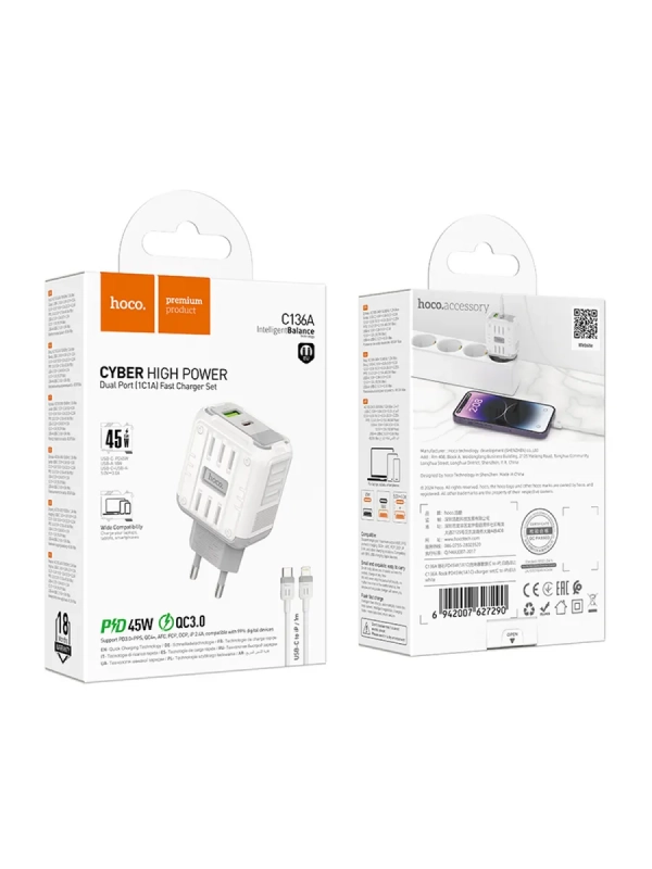 Сетевое зарядное устройство, 1 USB 3.0 QC+1 PD 45W (C136A)