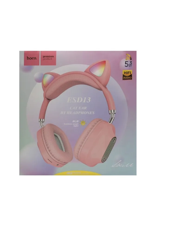 Наушники беспроводные полноразмерные светящиеся с ушками Hoco ESD13, розовые