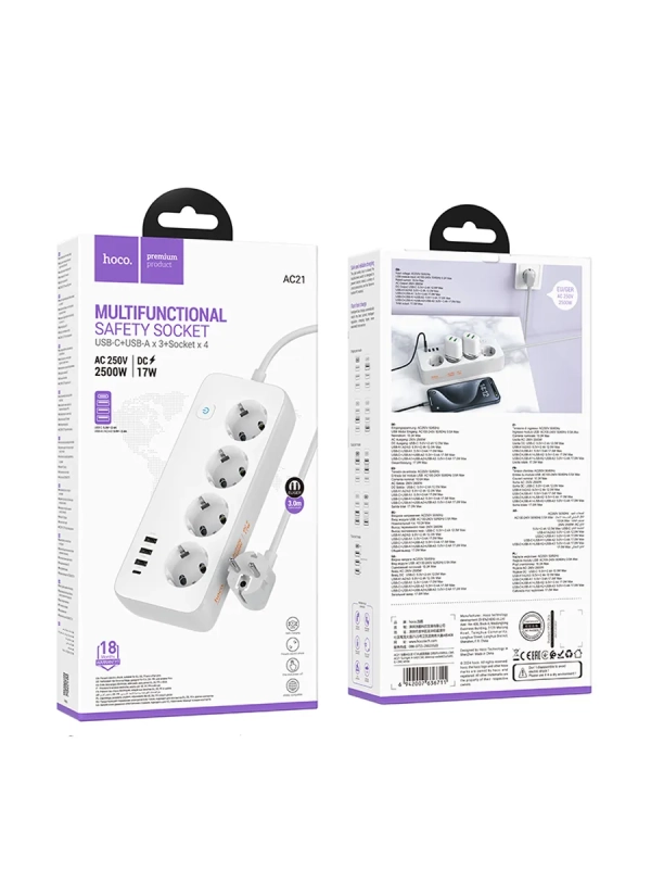 Сетевой фильтр на 4 розеток+3 USB+1 PD, 3м, AC21, HOCO