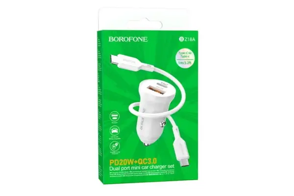 Зарядное устройство автомобильное USB + кабель Type-C - Type-C (PD20W+QC3.0, 3000mA) BOROFONE BZ18A