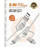 Кабель для зарядки 6 в 1 USB / Type-C to Lightning 27W / Type-C to Type-C 60W/ Type-C to Micro 2A 1.2м в нейлоновой оплетке серый