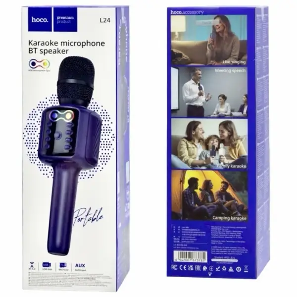 Караоке микрофон Hoco L24 Shine, беспроводной, Bluetooth 5.4, micro SD, USB, 1200 mAh, 5W, Синий